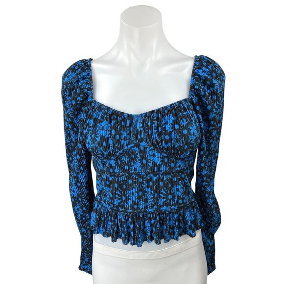 Zara Blue Multicolor Floral Square Neck Long Sleeve Peplum Crop Top Blouse Sz S - Picture 1 of 4